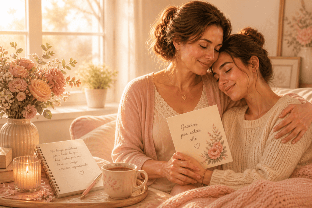 Madrastra querida abraza con ternura a su hijastra junto a una tarjeta con la frase “Gracias por estar ahí”, imagen para poema corto de gratitud.