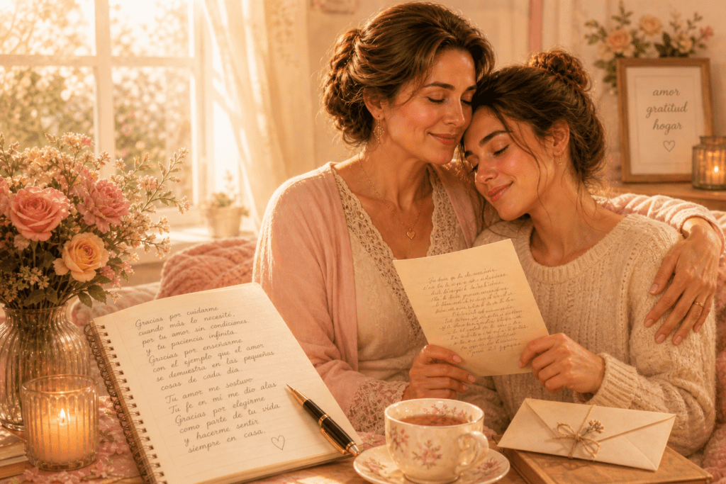 Madrastra querida abraza a su hijastra mientras leen una carta con un poema largo de agradecimiento por su amor, cuidado y presencia.