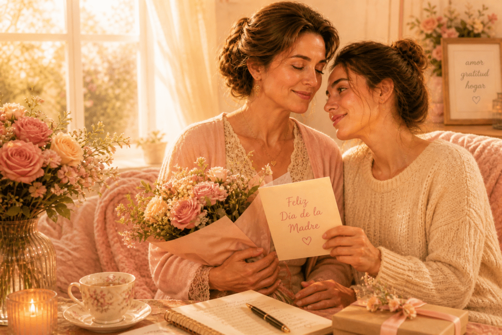 Joven entrega flores y una tarjeta del Día de la Madre a su madrastra querida en un ambiente cálido de gratitud y amor familiar.
