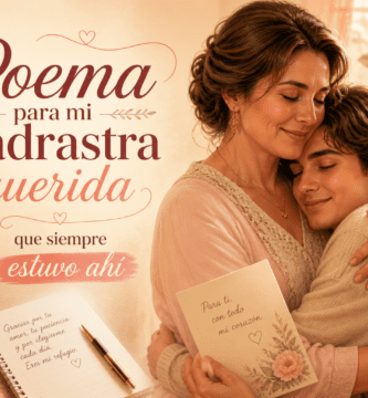 Mujer abraza con ternura a su hijastro mientras sostiene una carta, imagen emotiva para un poema dedicado a una madrastra querida que siempre estuvo ahí.