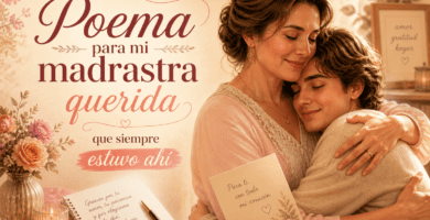 Mujer abraza con ternura a su hijastro mientras sostiene una carta, imagen emotiva para un poema dedicado a una madrastra querida que siempre estuvo ahí.