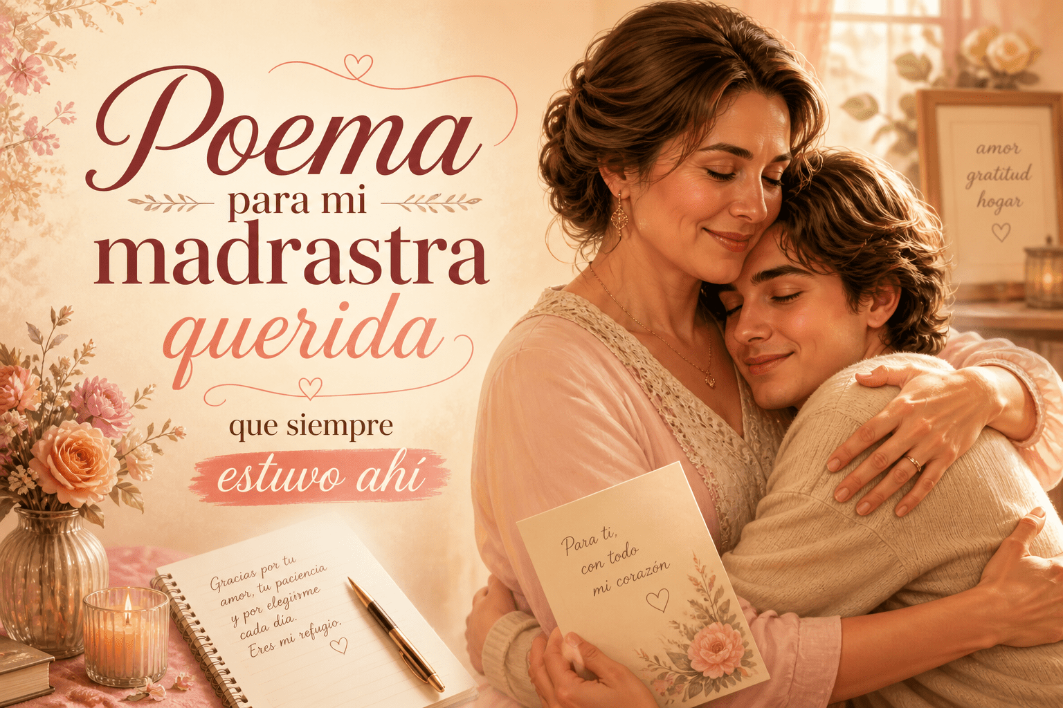 Mujer abraza con ternura a su hijastro mientras sostiene una carta, imagen emotiva para un poema dedicado a una madrastra querida que siempre estuvo ahí.
