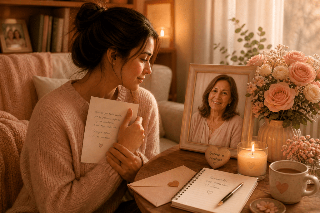 Joven sostiene una carta mientras recuerda con cariño a su madrastra fallecida junto a una foto, flores y una vela encendida.