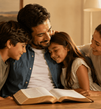 Familia cristiana reunida con papá leyendo la Biblia en el Día del Padre