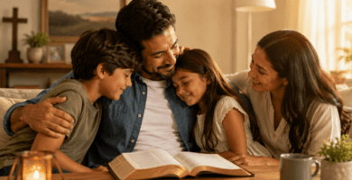Familia cristiana reunida con papá leyendo la Biblia en el Día del Padre
