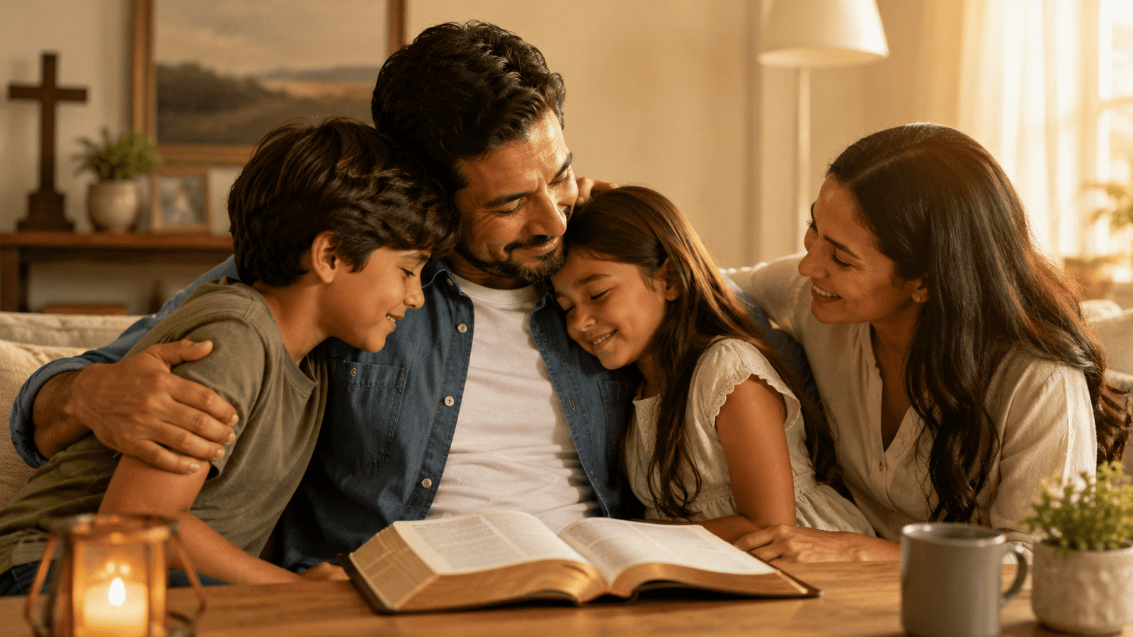 Familia cristiana reunida con papá leyendo la Biblia en el Día del Padre