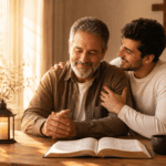 Padre e hijo compartiendo un momento de fe y amor familiar junto a una Biblia abierta, imagen para poemas bíblicos para papá.