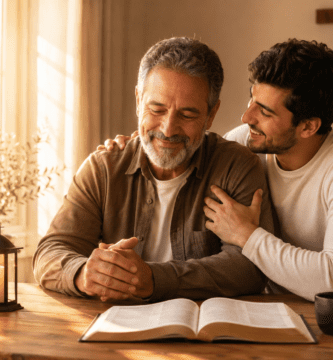 Padre e hijo compartiendo un momento de fe y amor familiar junto a una Biblia abierta, imagen para poemas bíblicos para papá.