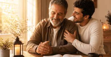 Padre e hijo compartiendo un momento de fe y amor familiar junto a una Biblia abierta, imagen para poemas bíblicos para papá.