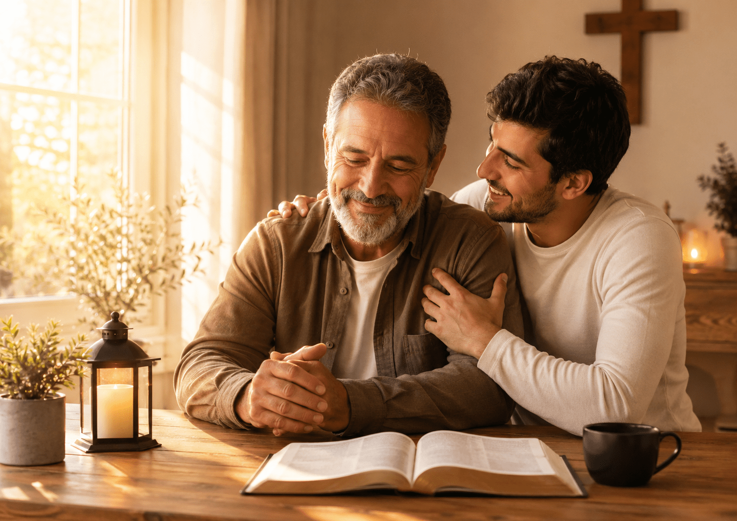 Padre e hijo compartiendo un momento de fe y amor familiar junto a una Biblia abierta, imagen para poemas bíblicos para papá.