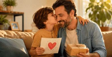 Padre recibiendo un beso de su hijo con tarjeta y regalo del Día del Padre en un ambiente cálido y familiar.