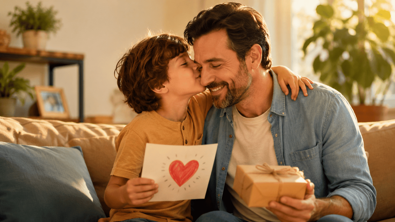 Padre recibiendo un beso de su hijo con tarjeta y regalo del Día del Padre en un ambiente cálido y familiar.