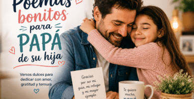Papá abrazando a su hija con una tarjeta de agradecimiento en un momento familiar tierno