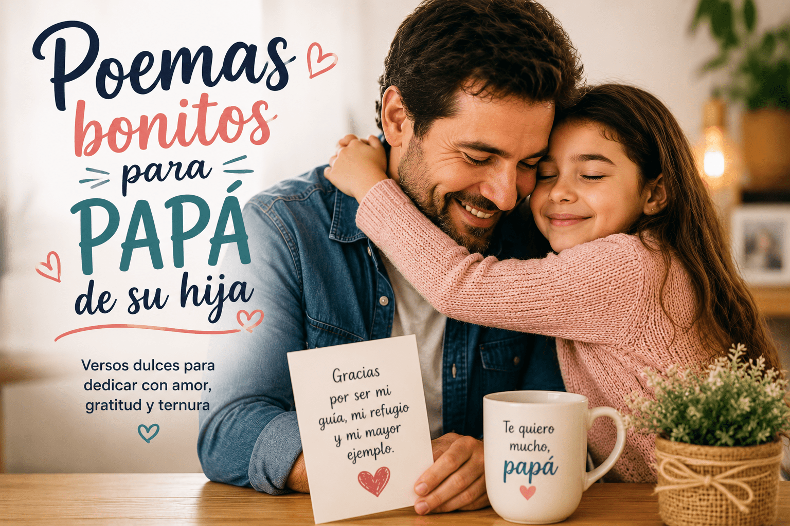 Papá abrazando a su hija con una tarjeta de agradecimiento en un momento familiar tierno