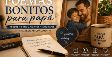 Padre abrazando a su hijo en una foto familiar junto a una libreta con dedicatoria para poemas bonitos para papá