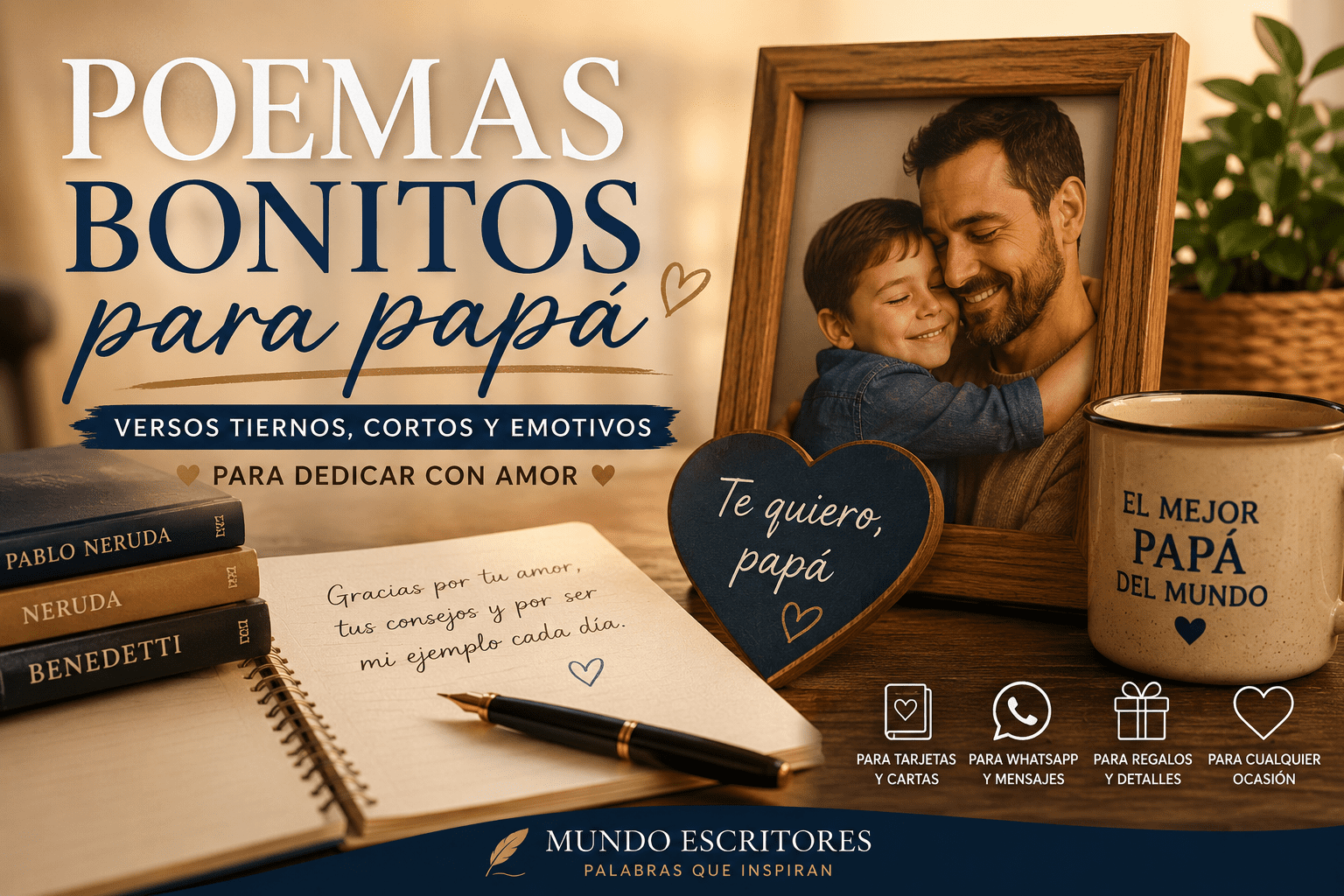 Padre abrazando a su hijo en una foto familiar junto a una libreta con dedicatoria para poemas bonitos para papá