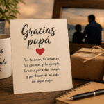 Tarjeta con poema de agradecimiento para papá junto a regalo, taza y fotografía familiar en una escena cálida.