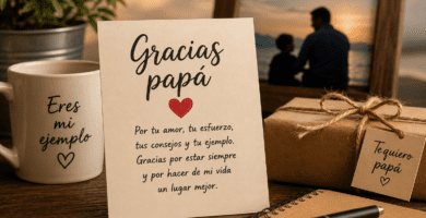 Tarjeta con poema de agradecimiento para papá junto a regalo, taza y fotografía familiar en una escena cálida.