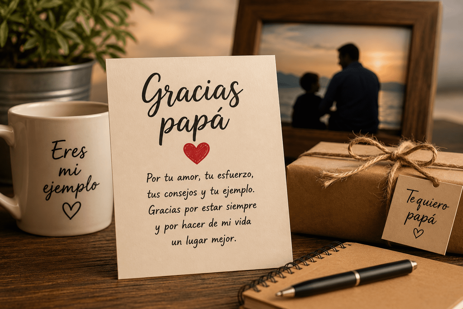 Tarjeta con poema de agradecimiento para papá junto a regalo, taza y fotografía familiar en una escena cálida.
