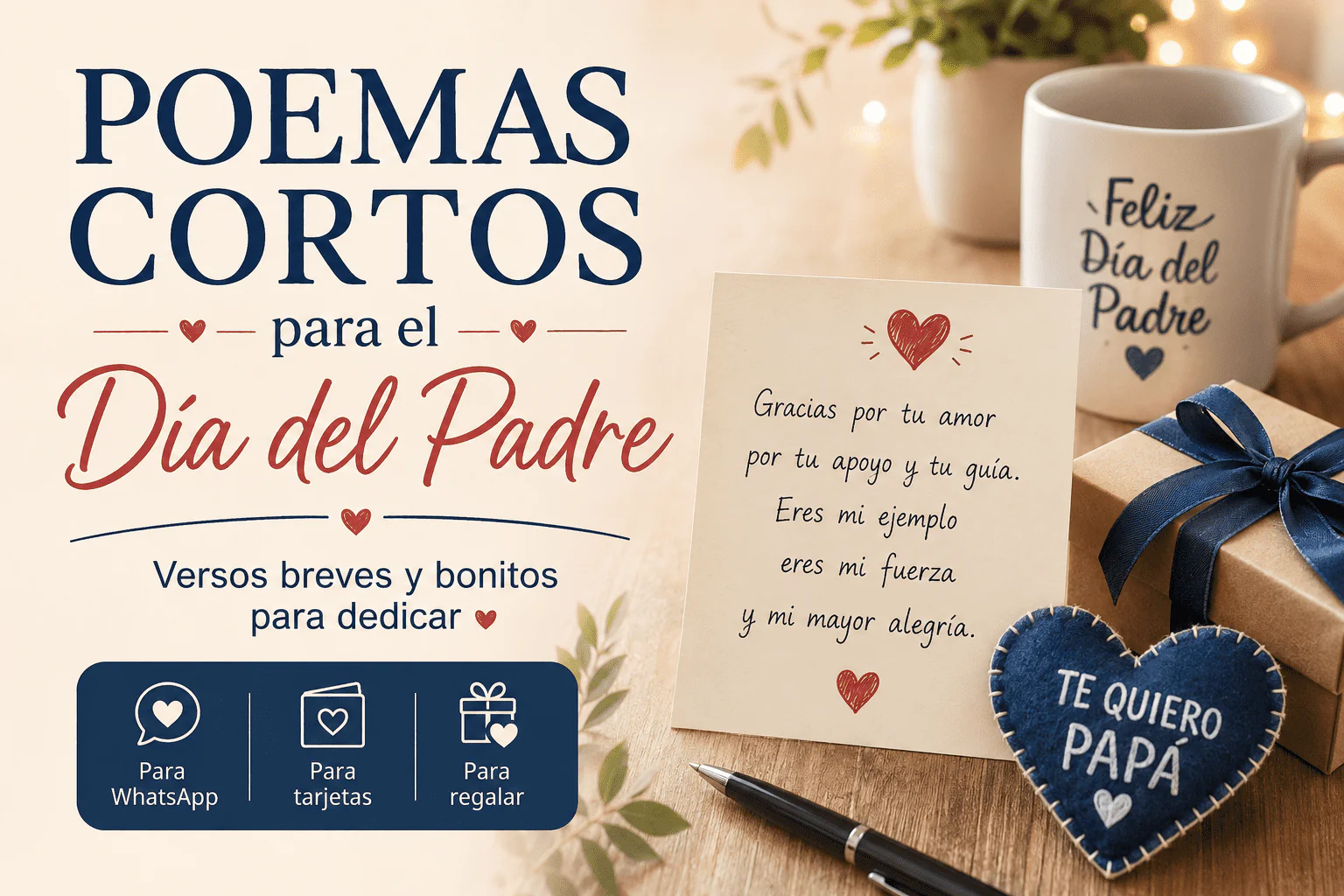 Imagen cálida para poemas cortos del Día del Padre con tarjeta, regalo y detalles emotivos para papá.