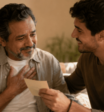 Padre emocionado recibiendo una nota con un poema corto de su hijo en casa