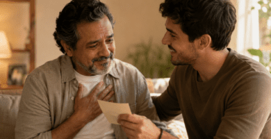 Padre emocionado recibiendo una nota con un poema corto de su hijo en casa