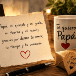 Nota con poema rimado para papá junto a taza, regalo y foto familiar