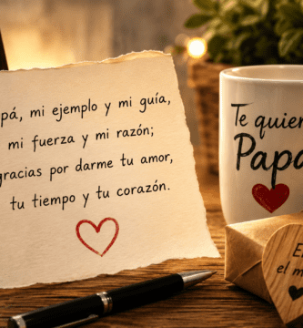 Nota con poema rimado para papá junto a taza, regalo y foto familiar