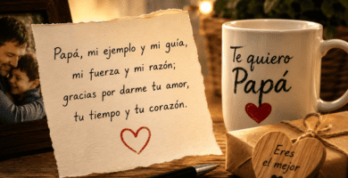 Nota con poema rimado para papá junto a taza, regalo y foto familiar