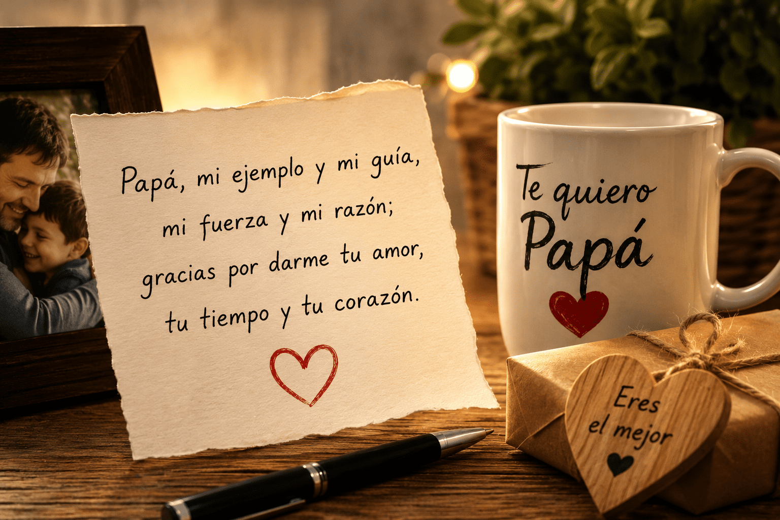 Nota con poema rimado para papá junto a taza, regalo y foto familiar
