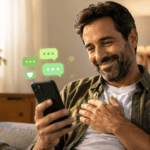 Papá sonriendo al recibir un mensaje cariñoso por WhatsApp con poemas cortos