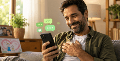 Papá sonriendo al recibir un mensaje cariñoso por WhatsApp con poemas cortos