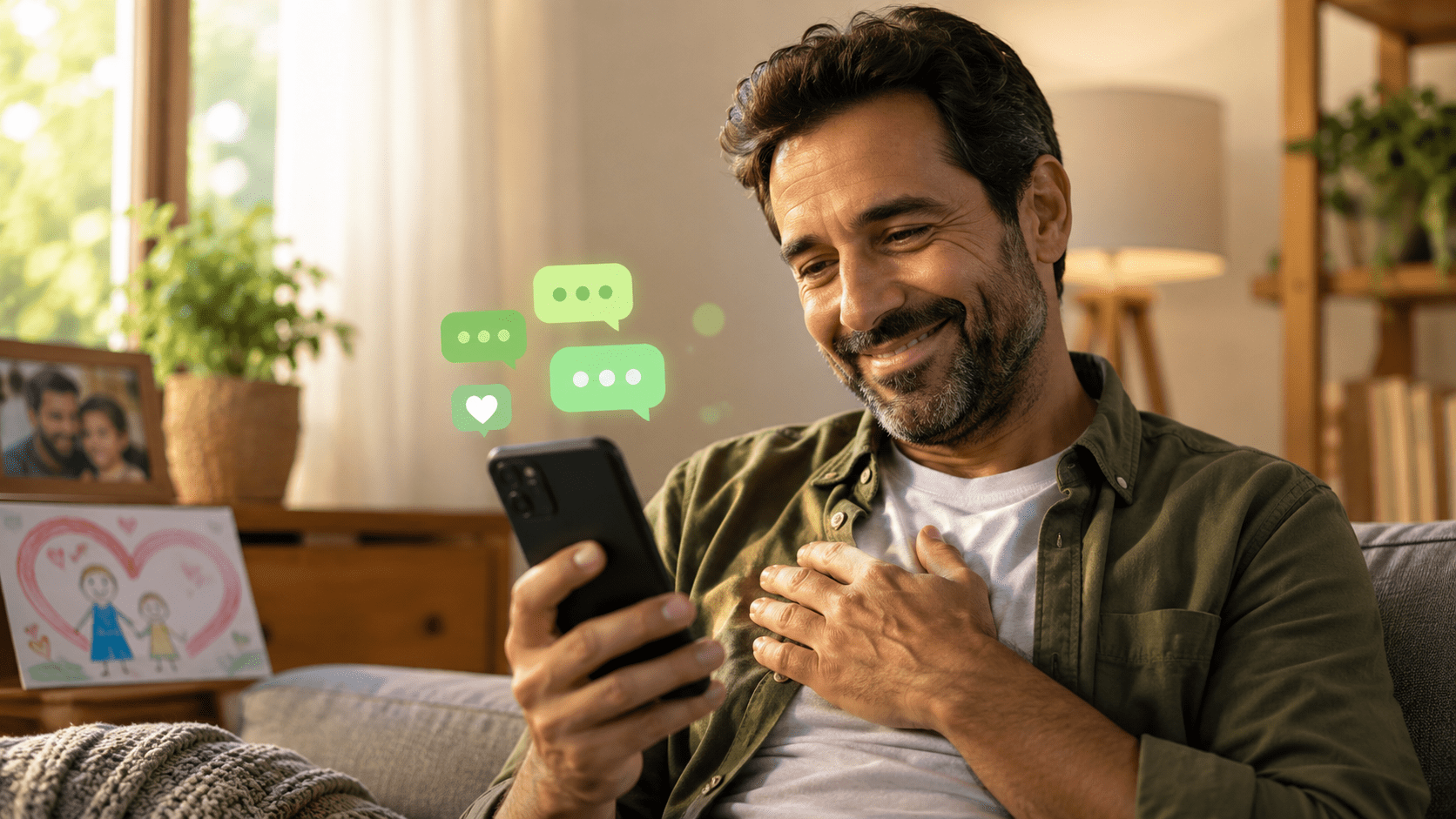 Papá sonriendo al recibir un mensaje cariñoso por WhatsApp con poemas cortos