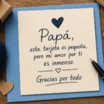 Tarjeta para papá con poema corto escrito a mano, acompañada de regalo, corazón decorativo y bolígrafo sobre mesa de madera.