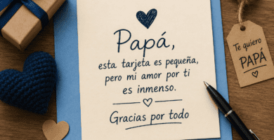 Tarjeta para papá con poema corto escrito a mano, acompañada de regalo, corazón decorativo y bolígrafo sobre mesa de madera.