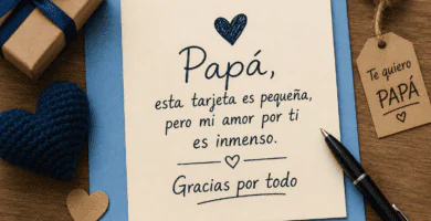 Tarjeta para papá con poema corto escrito a mano, acompañada de regalo, corazón decorativo y bolígrafo sobre mesa de madera.