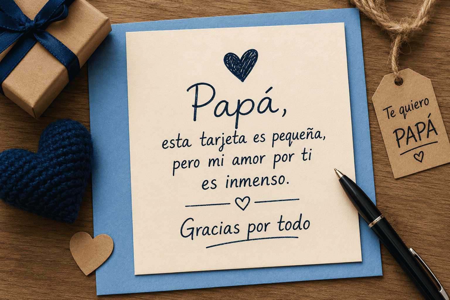 Tarjeta para papá con poema corto escrito a mano, acompañada de regalo, corazón decorativo y bolígrafo sobre mesa de madera.
