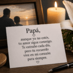 Tarjeta con poema para papá fallecido junto a vela encendida, flor blanca y fotografía familiar de recuerdo.