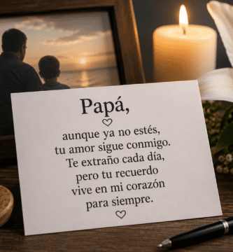 Tarjeta con poema para papá fallecido junto a vela encendida, flor blanca y fotografía familiar de recuerdo.