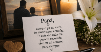 Tarjeta con poema para papá fallecido junto a vela encendida, flor blanca y fotografía familiar de recuerdo.