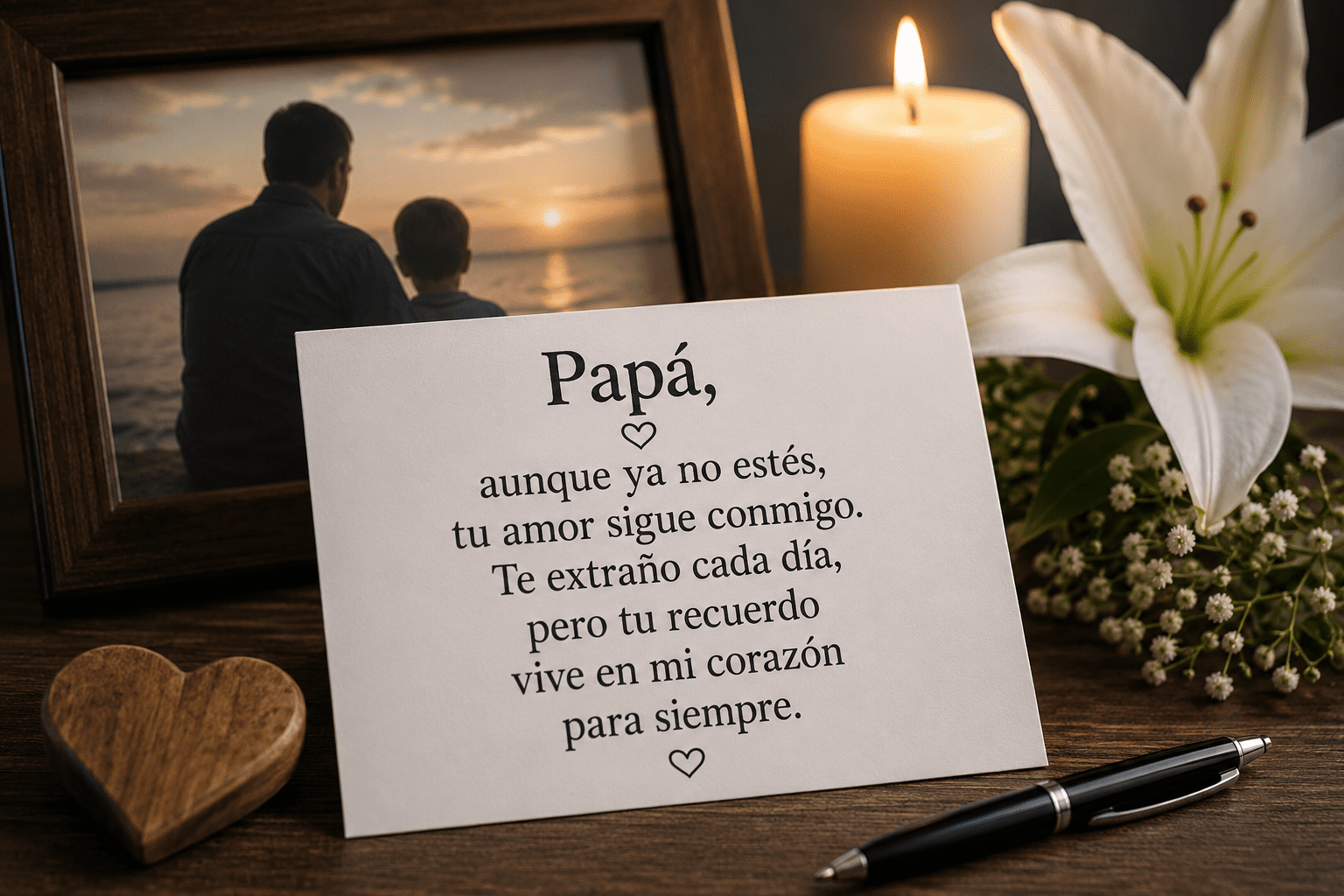 Tarjeta con poema para papá fallecido junto a vela encendida, flor blanca y fotografía familiar de recuerdo.