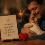 Papá abrazando a su hija junto a una nota emotiva de agradecimiento