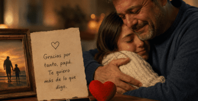 Papá abrazando a su hija junto a una nota emotiva de agradecimiento
