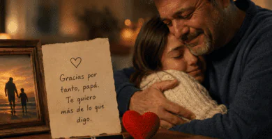 Papá abrazando a su hija junto a una nota emotiva de agradecimiento