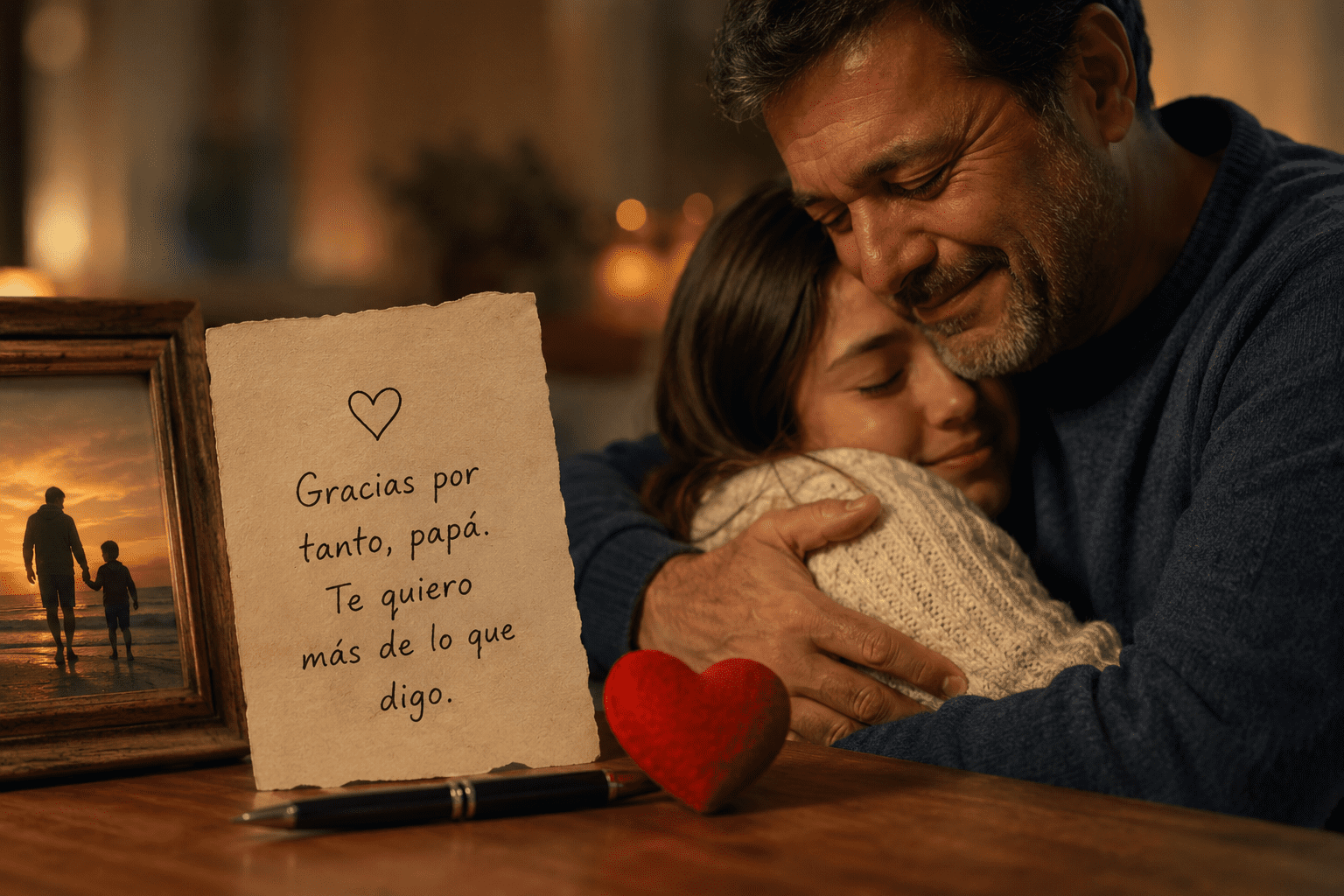 Papá abrazando a su hija junto a una nota emotiva de agradecimiento