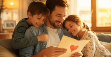 Padre leyendo una tarjeta con corazón junto a sus hijos en una escena familiar emotiva para poemas cortos para papá
