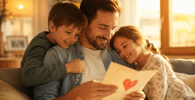 Pai lendo um cartão com um coração ao lado de seus filhos em uma cena familiar tocante, para poemas curtos para o papai.