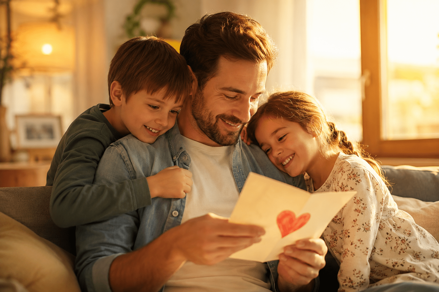 Padre leyendo una tarjeta con corazón junto a sus hijos en una escena familiar emotiva para poemas cortos para papá
