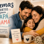 Familia abrazándose con una tarjeta de agradecimiento para papá y mamá