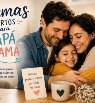 Familia abrazándose con una tarjeta de agradecimiento para papá y mamá